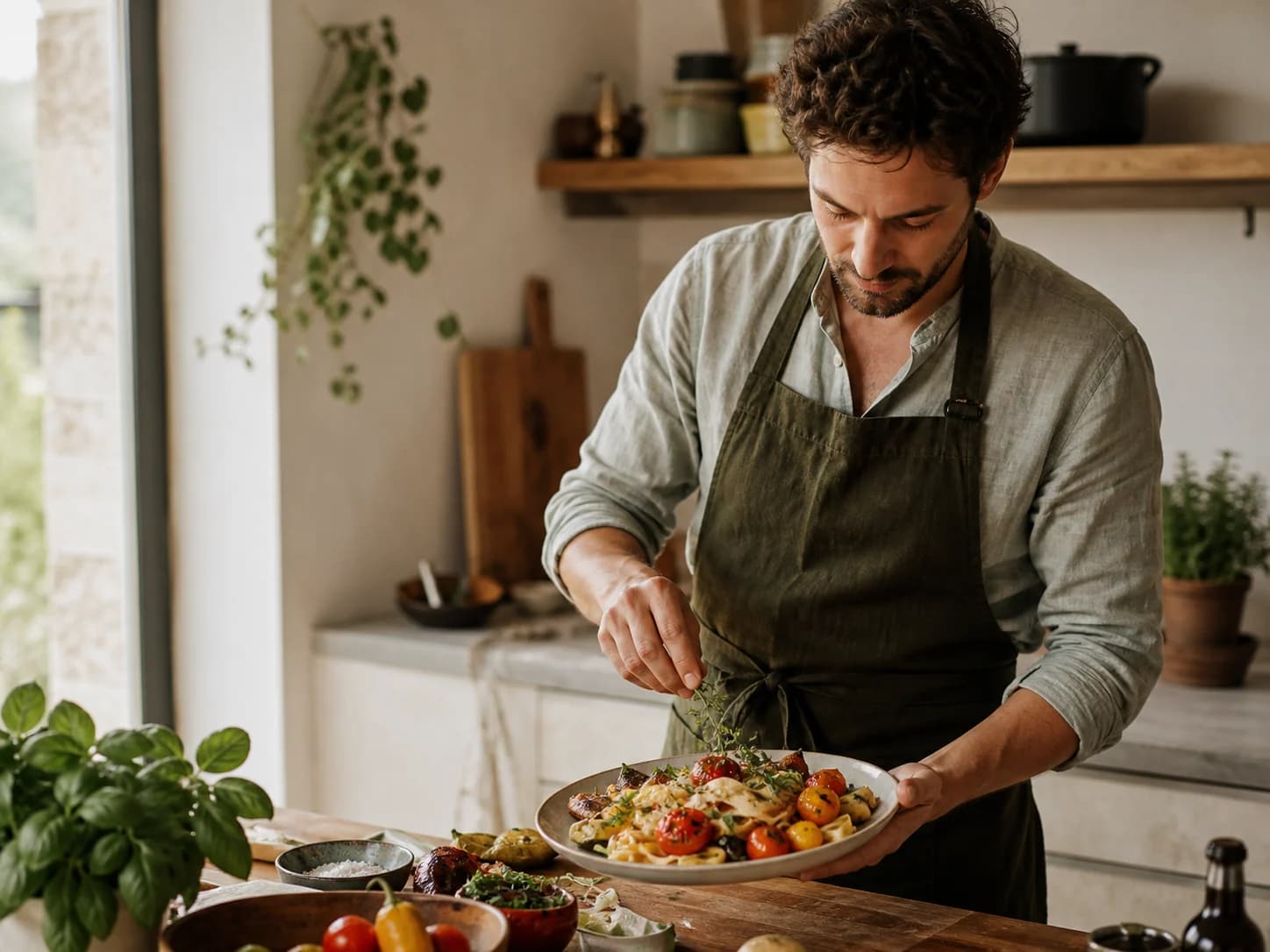Cuisinier dressant un plat de pâtes aux légumes dans une cuisine chaleureuse